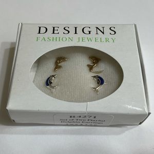Designs Dolphin Silver Gold Earring Set New Box